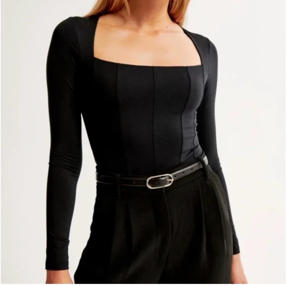 Abercrombie & Fitch Long-Sleeve Cotton-Modal Squareneck Corset Bodysuit,Size S